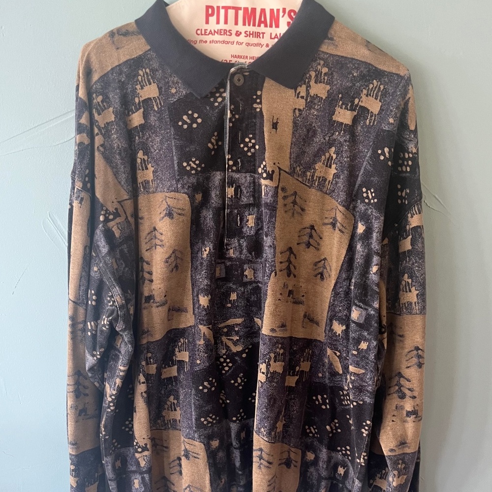 Vintage Structure Mens Blue Tribal Long Sleeve Polo Sz XL